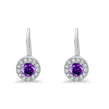 Dangling Earrings Halo Round Cut Simulated Amethyst CZ 925 Sterling Silver